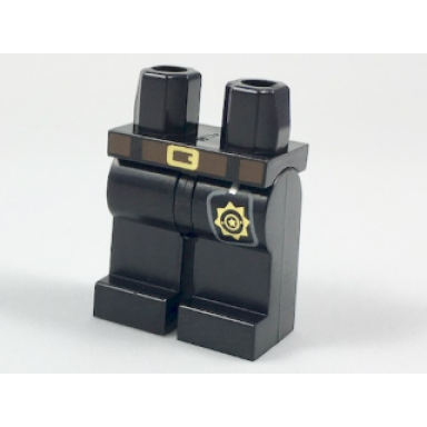 black hips and legs with dark brown belt and gold buckle and badge pattern