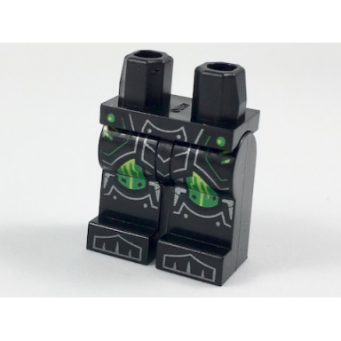 black hips and legs with silver armor lines green knee pads with lime streaks pattern