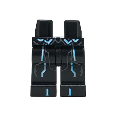 black hips and legs with vertical white and blue lines and dark bluish gray circuit pattern