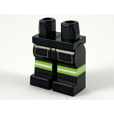 black hips and legs with lime and silver reflective stripes continuing on sides and tan pockets pattern