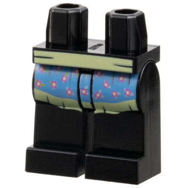 black hips and legs with bright light yellow and medium blue apron with dark pink flowers pattern