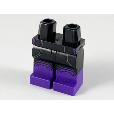 black hips and legs with molded dark purple lower legs boots and printed white angled lines and dark purple boot tops pattern