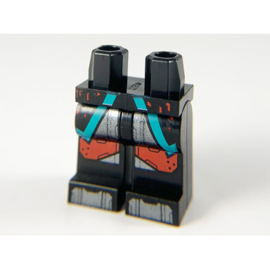 black hips and legs with coattails with dark turquoise hem silver and red armor pattern
