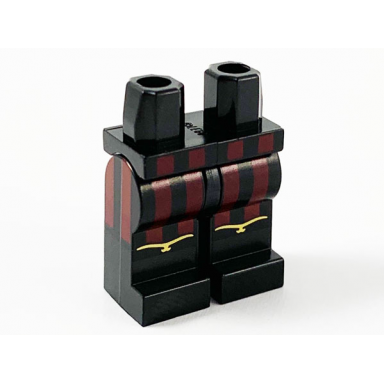 black hips and legs with 4 dark red vertical stripes and gold trim at knees pattern