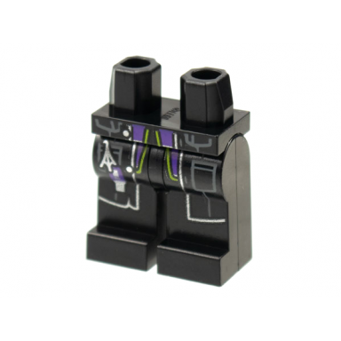 black hips and legs with black lab coat with dark bluish gray pockets and silver trim usb key chain and dark purple and lime undershirt pattern