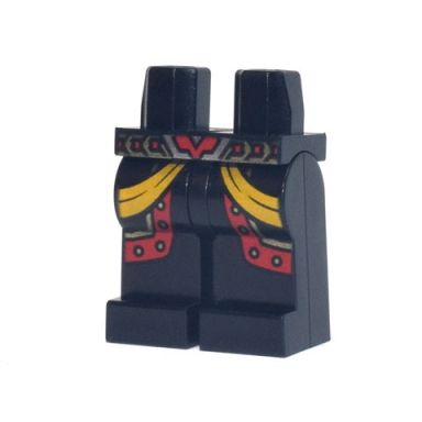 black hips and legs with red and gold armor and yellow straps pattern