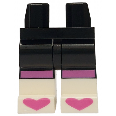 black hips and legs with molded white lower legs boots and printed dark pink knee stripes and hearts on toes pattern