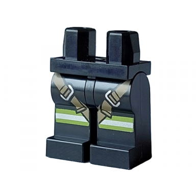 black hips and legs with lime and silver reflective stripes on front and dark tan harness pattern