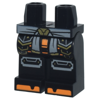 black hips and legs with dark bluish gray sash with gold clasp and ends armor plates knee pads orange shoe tips pattern