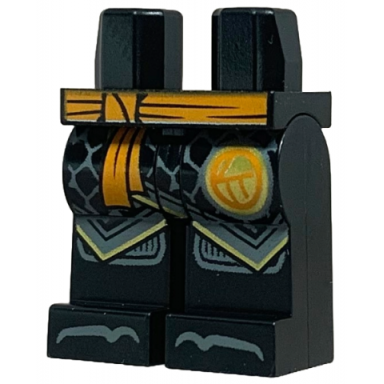 black hips and legs with orange sash ninjago logogram letter c in circle dark bluish gray robe ends with gold trim knee pads and toes pattern