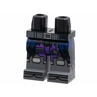 black hips and legs with molded dark bluish gray lower legs boots and printed dark bluish gray belt silver buckle and knee pads dark blue tattered coattails and dark purple pant legs pattern