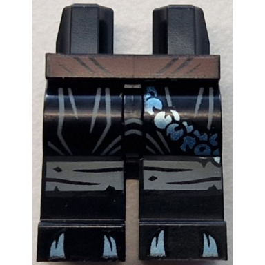 black hips and legs with dark brown waist sash dark bluish gray pants gathers and knee wrappings metallic light blue round beads on chain and spikes on toes pattern