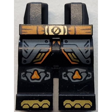black hips and legs with orange belt with gold buckle dark bluish gray armor panels with trim and rivets knee pads shoe tips pattern