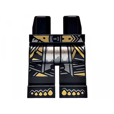 black hips and legs with dark tan belt with buckle gold and dark silver toes wraps and sash with silver stain pattern