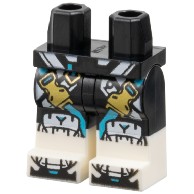 black hips and legs with molded white lower legs boots and printed white diagonal stripes medium azure straps with gold buckles pattern