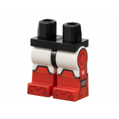 black hips and white legs with molded red lower legs boots and printed red trapezoid boot tops and circles on sides dark red toe plates pattern