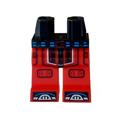 black hips and red legs with blue belt dark red buckle and panel knee pads black shoe tips with white toes pattern