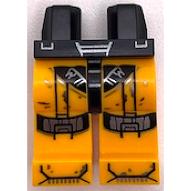 black hips and bright light orange legs with black and silver armor knee pads lines and spots pattern