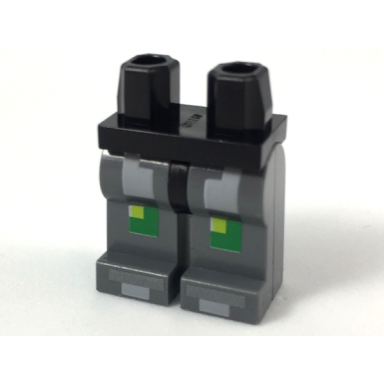 black hips and dark bluish gray legs with light bluish gray green and lime pixelated armor pattern
