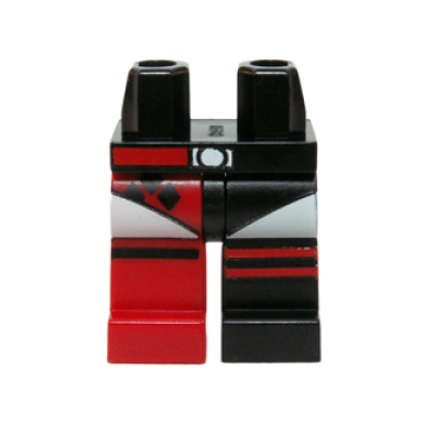 black hips and 1 black left leg 1 red right leg with leotard black diamonds and striped boots pattern