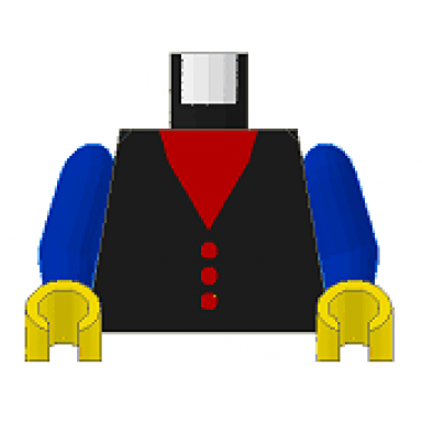 black torso red v-neck and buttons pattern blue arms yellow hands
