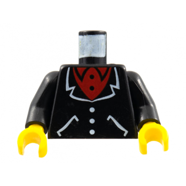 black torso suit with white lapels pockets buttons red undershirt pattern black arms yellow hands