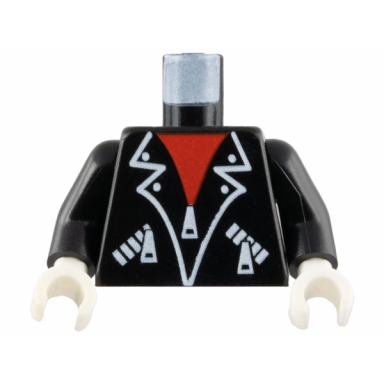 black torso leather jacket over red shirt white lapel outlines and zippers pattern black arms white hands