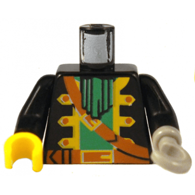 black torso pirate captain jacket open with yellow trim over green shirt with neck ruffle brown strap belt with buckle pattern black arms light gray hook left yellow hand right