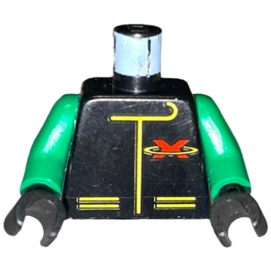 black torso racing suit with red letter x extreme team logo and yellow lines pattern green arms black hands