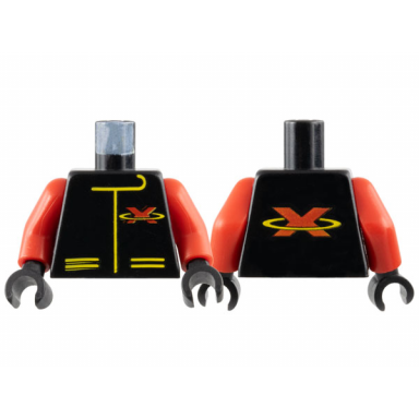 black torso racing suit with red letter x extreme team logo and yellow lines pattern red arms black hands