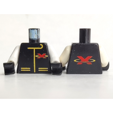black torso racing suit with red letter x extreme team logo and yellow lines pattern white arms black hands