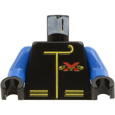 black torso racing suit with red letter x extreme team logo and yellow lines pattern blue arms black hands