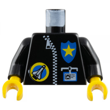 black torso jacket with white zipper yellow police star on blue badge and space port logo id badge pattern black arms yellow hands