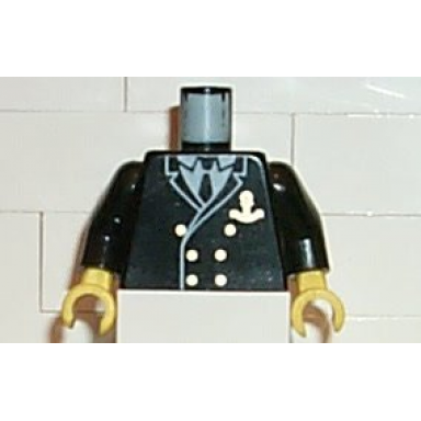 black torso boat captain suit double breasted and gold anchor logo pattern black arms yellow hands