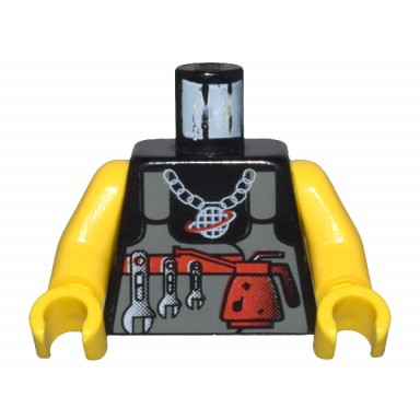 black torso alpha team logo on necklace dark gray vest tools pattern yellow arms yellow hands
