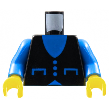 black torso vest with pockets and buttons over blue shirt pattern blue arms yellow hands