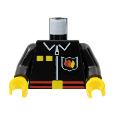black torso fire uniform shirt with flame badge logo yellow squares and white zipper red belt with buckle pattern black arms yellow hands