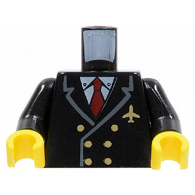 black torso airplane pilot suit double breasted red tie gold buttons and logo pin pattern black arms yellow hands