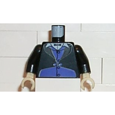 black torso harry potter goblin 1 with jacket and black vest over purple shirt and black bow tie pattern black arms tan hands