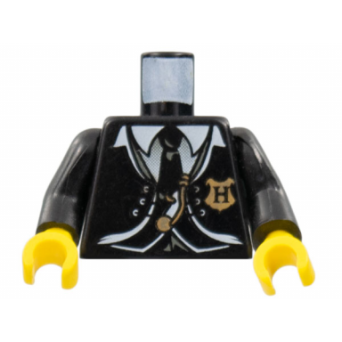 black torso harry potter suit and tie with hogwarts shield pattern black arms yellow hands