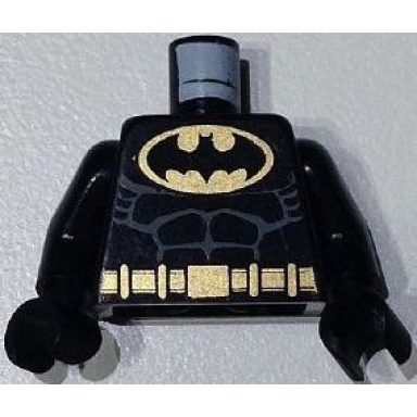 black torso batman logo in gold oval with muscles and gold belt pattern black arms black hands