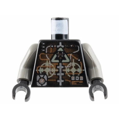 black torso space insectoids droid dark gray triangle logo and circles silver and copper circuitry pattern dark gray arms black hands