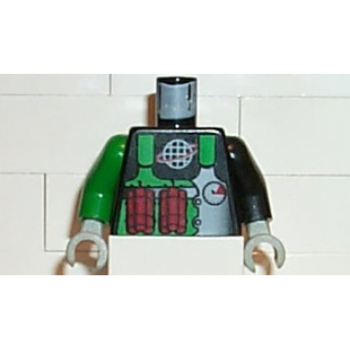 black torso alpha team logo green vest dynamite pattern black arm left green arm right light gray hands