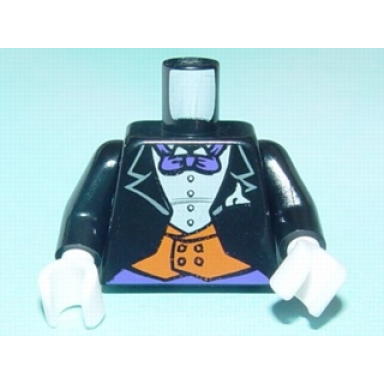 black torso batman suit with orange vest purple bow tie pattern black arms white hands