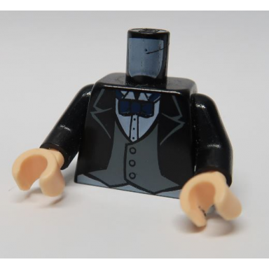 black torso batman suit jacket with gray vest dark blue bow tie pattern black arms light nougat hands