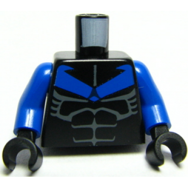 black torso batman nightwing blue v logo and muscles pattern blue arms black hands