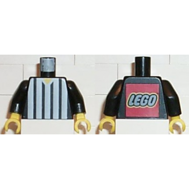 black torso soccer referee vertical white stripes and lego logo back pattern black arms yellow hands