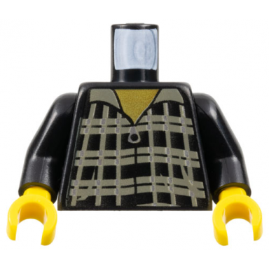 black torso plaid shirt with dark gray lines and silver zipper yellow neck pattern black arms yellow hands