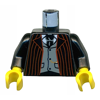 black torso dark red stripe suit front gray vest and tie on white shirt gold fob pattern black arms yellow hands