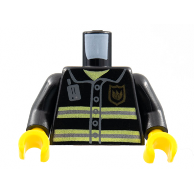 black torso fire uniform gold badge silver reflective stripes dark bluish gray radio pattern black arms yellow hands
